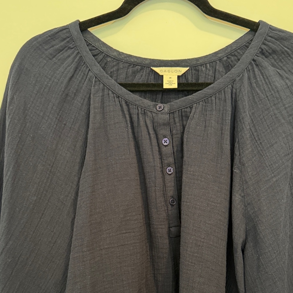Women's Caslon 2x Navy Muslin Blouse with 3/4 button front & balloon sleeve - Picture 2 of 7